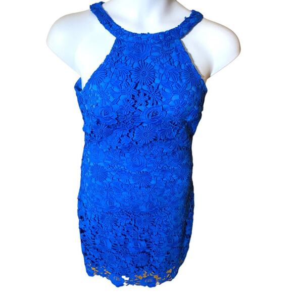 LULU'S halter style Love Poem Blue Lace Mini Dress - women's medium - Picture 2 of 9